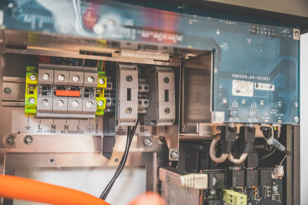 AC and DC terminals inside a residential solar battery inverter