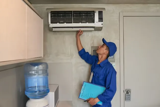 Technician inspecting a wall-mounted air conditioner.